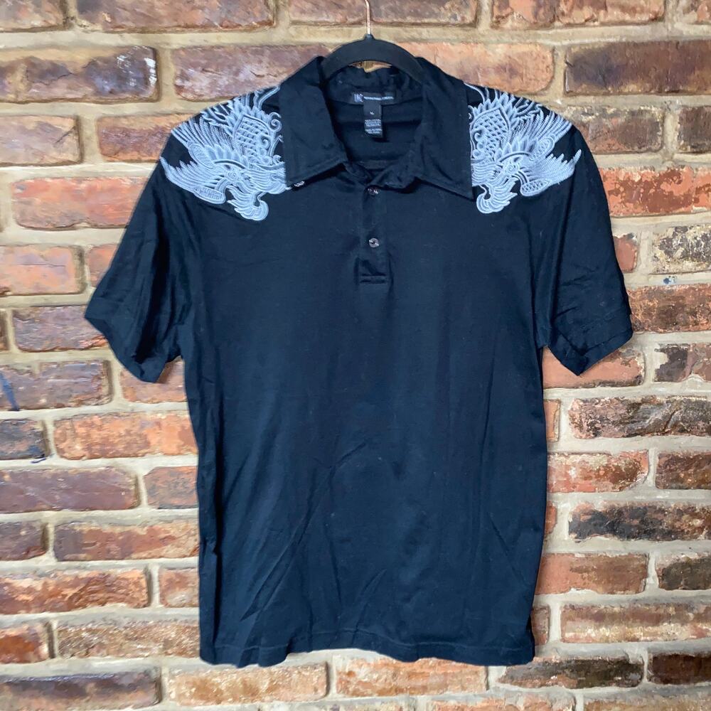 INC International Concepts Black Embroidered Short Sleeve Polo Shirt Size Medium